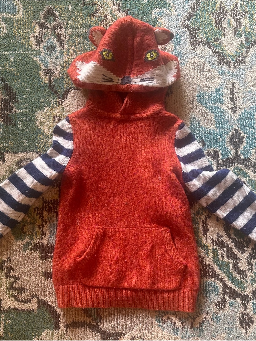 Mini Boden Orange Fox Hooded Sweater with Navy Stripe Sleeves